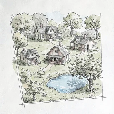 A small farmhouse bed-and-breakfast property map with main house, three guest co