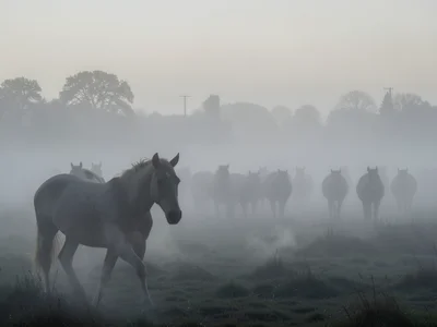 Horses in a foggy field, their breath visible as clouds, the nearest horse sharp