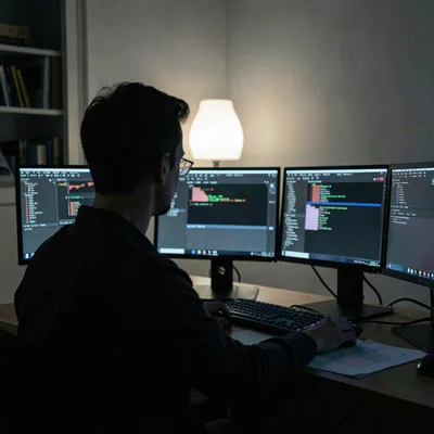 Late-night view of a single analyst silhouette at a desk with three monitors, so