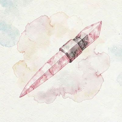 Faceted rose-quartz lowpoly throwing knife mid-spin frozen in air with pink inte