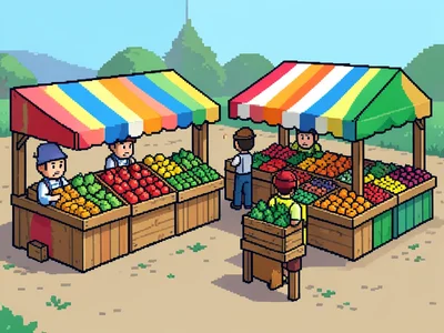 A pixel art farmer's market: colorful stalls, tiny vendor characters, stacks of 
