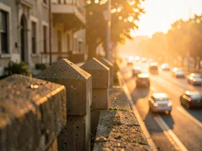 Concrete parapet caps catch late golden light while the sodium-amber street far 