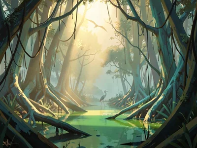 Tangled mangrove swamp with a single noon beam falling onto green water, warm go