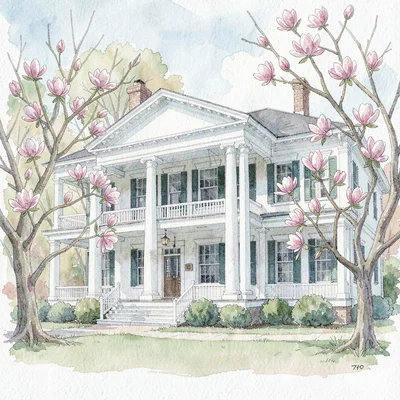 greek revival plantation house with white columns, magnolias in bloom, soft wash