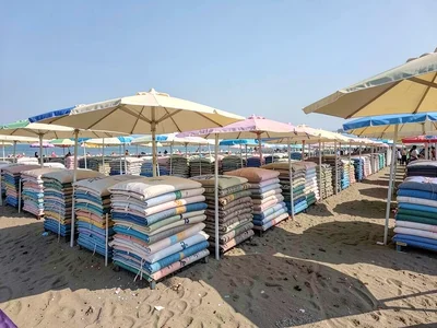 Beach umbrellas stacked in tight rows