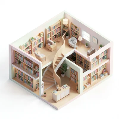 A cozy bookstore: multiple floors connected by a spiral staircase, reading nooks