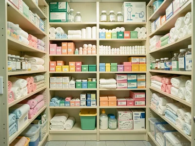 Medical supply closet with obsessively organized shelves, bandages and gauze in 