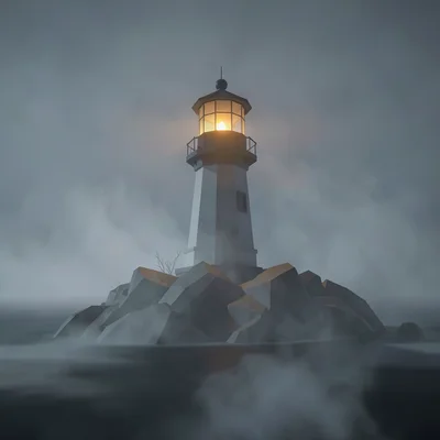 Faceted lighthouse perched on a small rocky outcrop with a single warm amber lam
