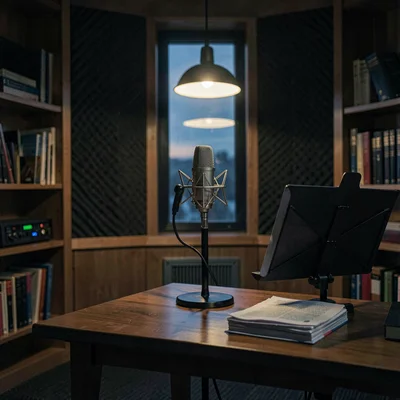 Atmospheric photo of an audiobook booth at dusk with a condenser mic, music stan