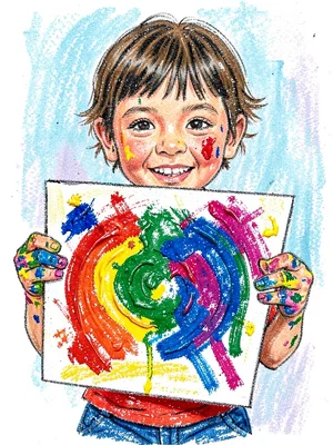 Child with painted hands holding artwork