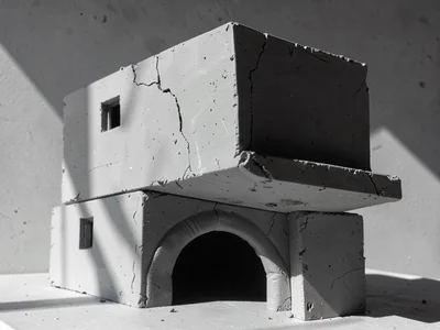 Cantilevered concrete dwelling rendered in chunky grey clay, the upper volume ju