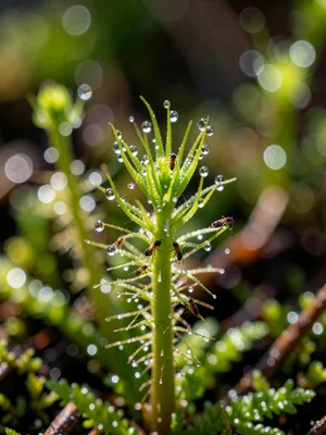 Carnivorous sundew plant, dew drops catching light like tiny galaxies, trapped i