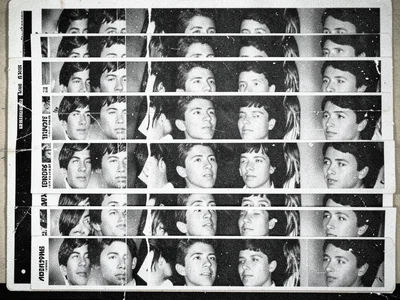 Stack of 10 progressive photocopies of the same portrait arranged in sequence, g