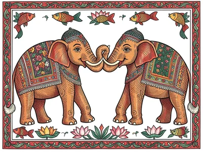Pair of elephants facing each other, trunks intertwined, decorative blankets on 