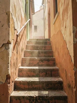 Dusty afternoon staircase with cracked plaster on the flanking walls, fine grit 