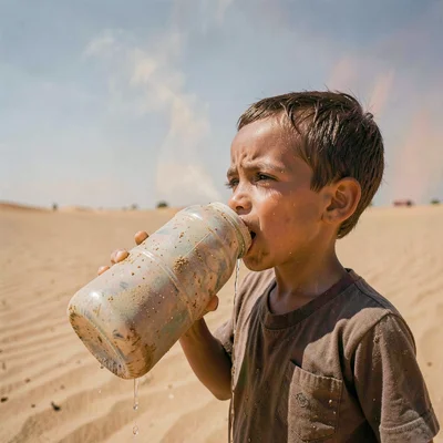 Desert environment photograph, extreme heat conditions, A child drinking from a 