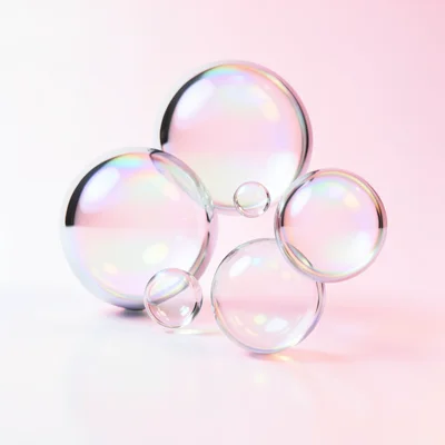 Chrome and glass spheres reflecting each other, on a gradient from white to pale