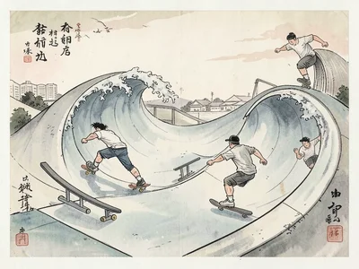 Skatepark rendered as ukiyo-e woodblock, skaters as dynamic figures, wave ramp s