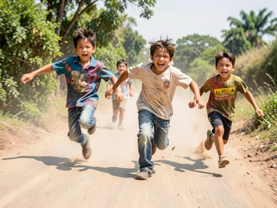 Children racing down a dusty road — fastest kid blurred, others sharp, exuberant