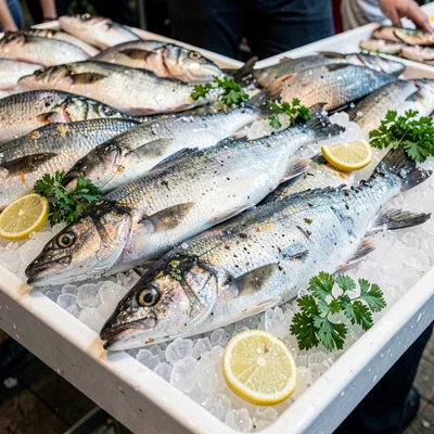 Fish market ice table with whole fish overlapping, scales glinting, lemon wedges
