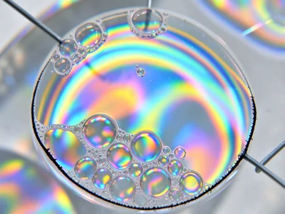 Soap bubble cluster, foam of varied-size bubbles each with unique interference p