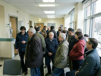 Emergency room waiting area during flu season, humanity pressed together waiting
