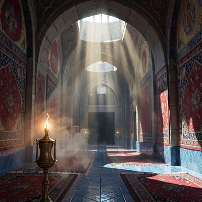 Persian carpet bazaar arcade pierced by morning shafts, warm crimson textile glo
