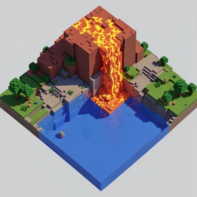 A volcano island scene from above — orange lava cube flows descending to a blue 