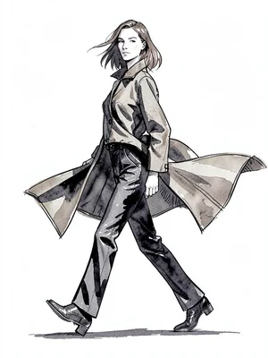 Model mid-stride coat billowing