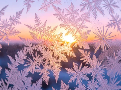 Window frost at sunrise: the ice taking on pink and gold tones from the rising s