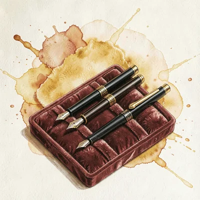 Warm illustration of three fountain pens arranged on a velvet tray, butter and a