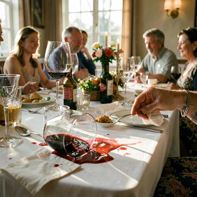 Mid-feast table scene, abundant hospitality, Wine glass tipped over on white tab
