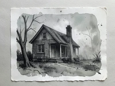 Ghost monoprint of haunted house, second pull creating actual ghostly effect