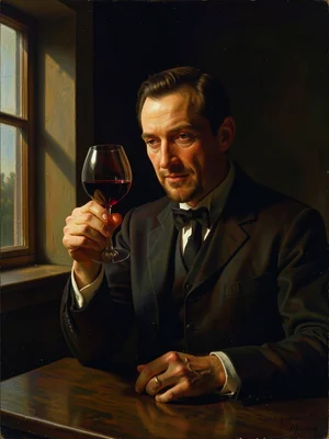 A sommelier examining a glass of red wine held up to the light, the wine glowing