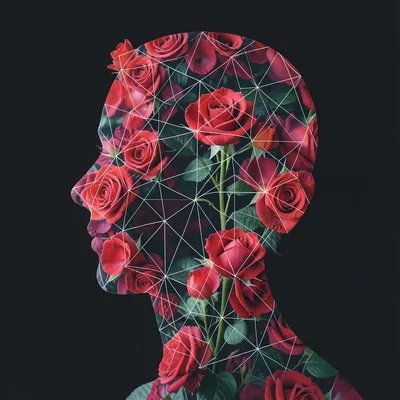 Lips silhouette filled with rose petals, macro botanical meets portrait, double 