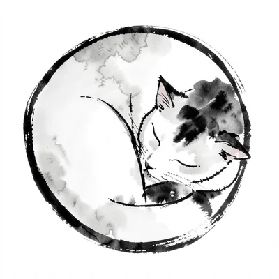 Cat curled into a sleeping circle, one unbroken brushstroke outline