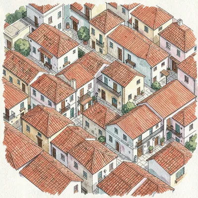 Hand-drawn axonometric of Alfama's tangled lanes, terracotta rooftops in gouache