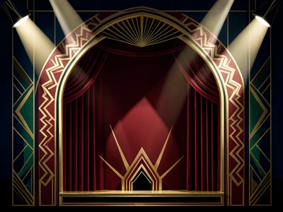 A theater proscenium arch in gold and deep red, geometric zigzag border, spotlig