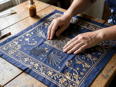 A pair of hands smoothing a finished batik cloth on a table, showing the full re