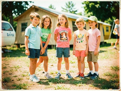 Summer camp photo aesthetic from 1980s, kids wearing modern sneakers