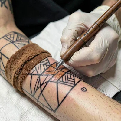 Warm tapa cloth browns and geometric pattern rhythm, A tattooist working on a tr