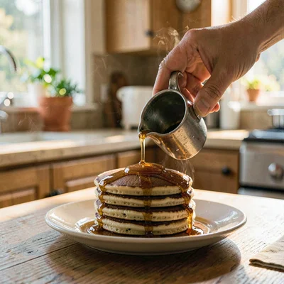 Hand pouring syrup over a stack of pancakes on a warm-lit kitchen table
