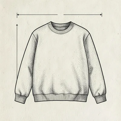 Pen-ink technical-style flat of a dog sweater with hairline measurement arrows,