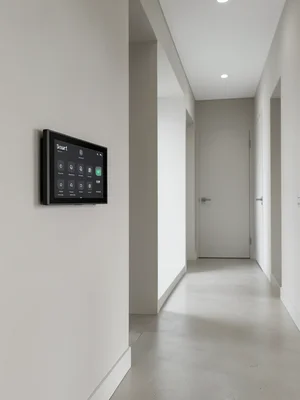 Smart home control panel on a wall, touch screen showing room controls, minimali