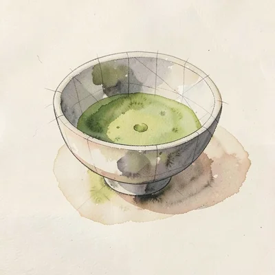 Gouache still life of a chawan tea bowl with matcha pooled inside, soft chalky p