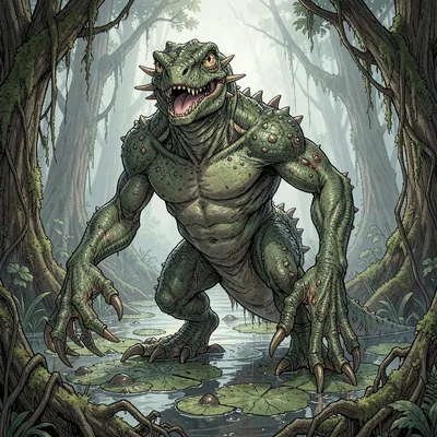 Fantasy creature illustration, an amphibious apex predator, webbed claws and gil