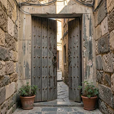Historic medina photography, labyrinthine old city, A wooden door studded with b