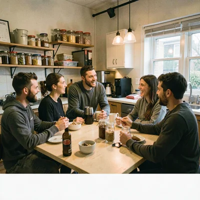 Documentary photograph, Tech startup kitchen with free snacks, team members chat