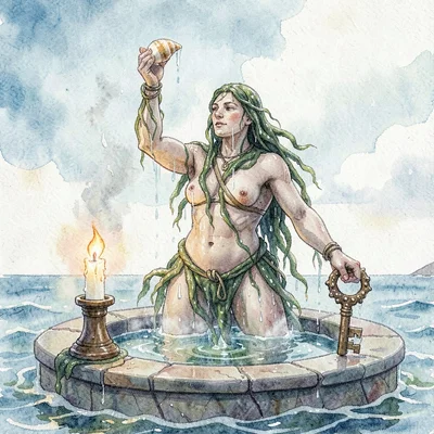 Kelp-twined figure raises a conch and a barnacled key over a tidepool altar, bri