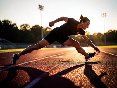 Person stretching on a running track at dawn, long shadows